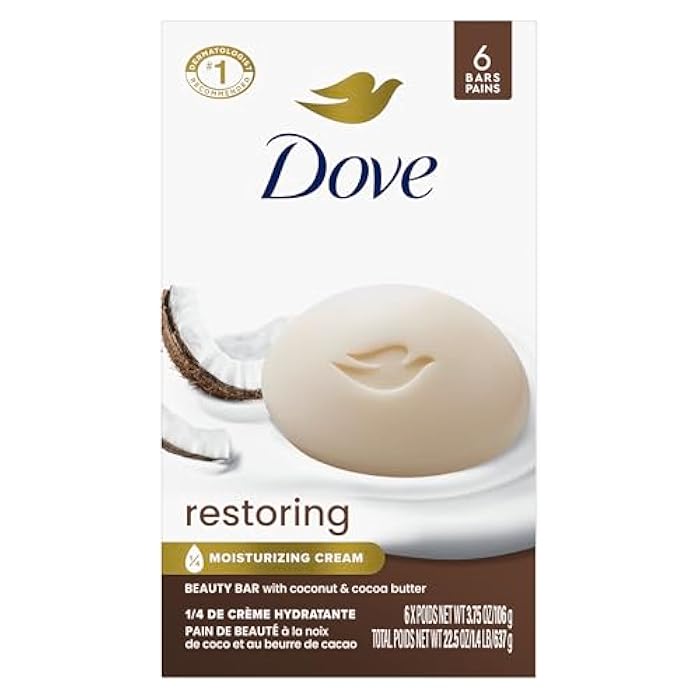 Dove Beauty Bar Soap Restoring Coconut & Cocoa Butter 6 Count for Restored Skin, Nourishes Skin 3.75 oz - Image 1